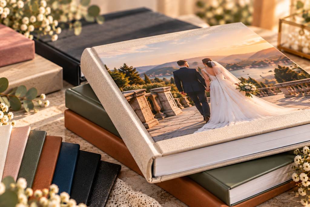 Album foto carte personalizat Fotorapid, cu fotografie de nuntă pe copertă, finisaj texturat și cotor elegant, alături de albume în culori și materiale variate.
