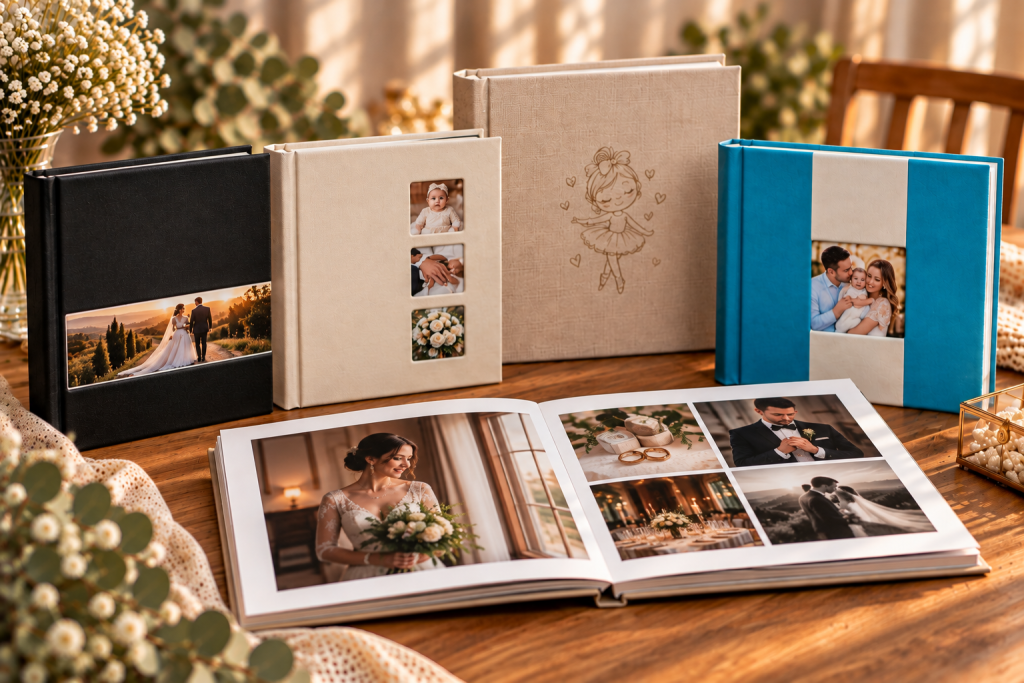 Albume foto personalizate Fotorapid, cu coperți elegante în diferite culori, fotografii de nuntă și detalii decorative