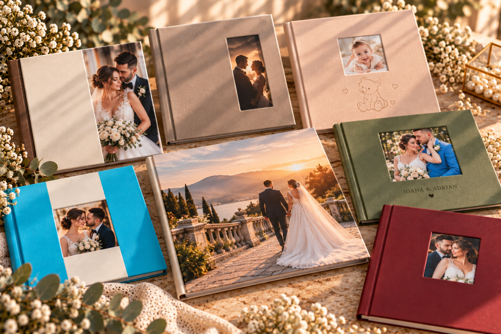 Albume foto personalizate Fotorapid, cu modele elegante, coperți textile și fotografii de nuntă